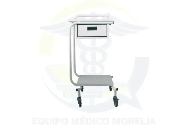 Carro de traslado auxiliar con cajón, frenos y gancho porta‑cables, ideal para transportar equipo médico como monitores de forma segura y ordenada.