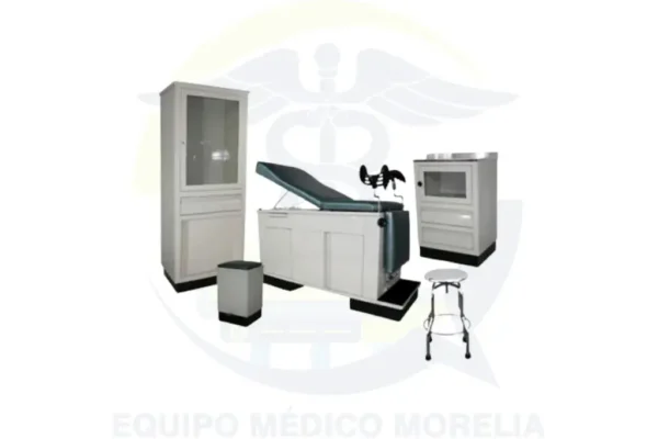Juego de Consultorio (Modelo Futuro) | Mesa de Exploración + Vitrina + Gabinete + Banco Giratorio + Bote Sanitario de Pedal